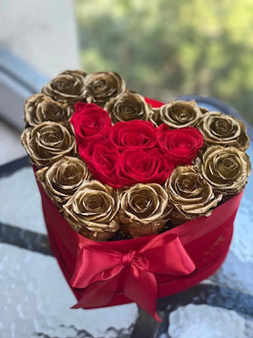 gold and red roses arrangement